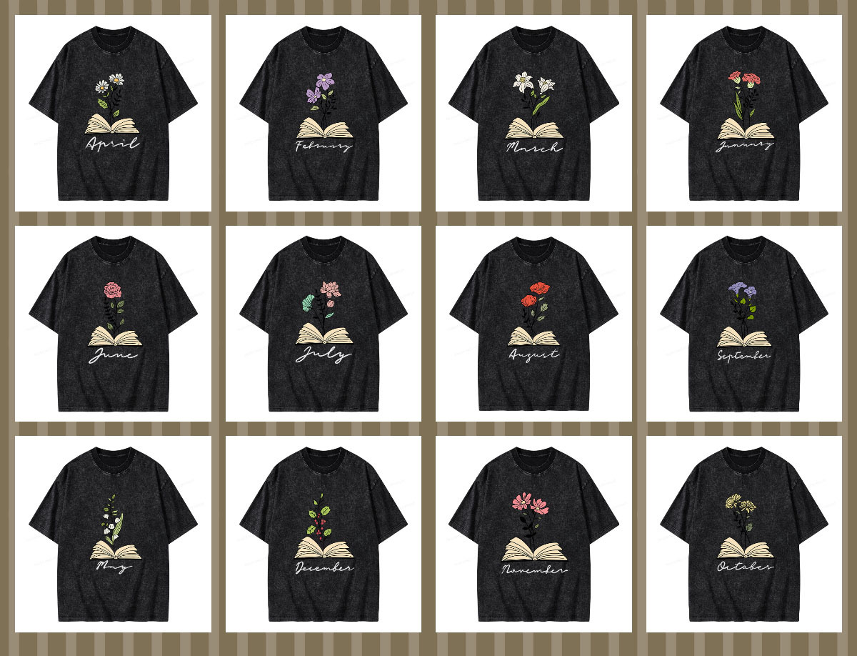 Pagewings Personalized Name Birth Flower Unisex Washed T-shirt