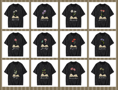 Pagewings Personalized Name Birth Flower Unisex Washed T-shirt