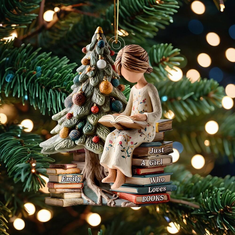 Pagewings Personalized Name Just a Girl Who Loves Books Tree Ornament