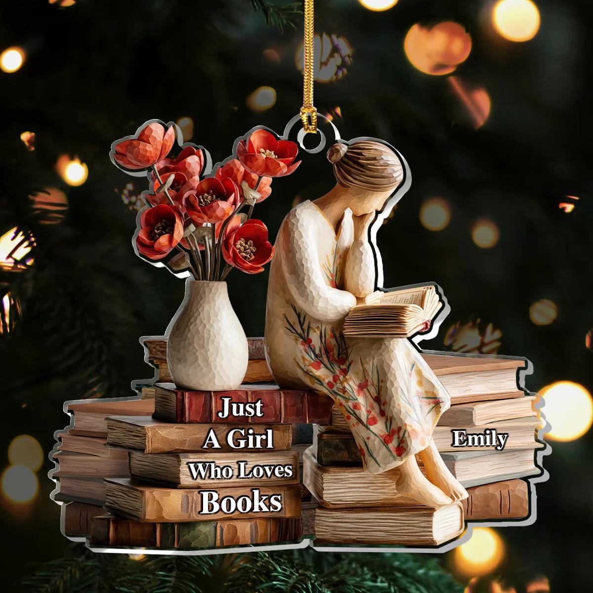 Pagewings Personalized Name Just a Girl Who Loves Books Tree Ornament