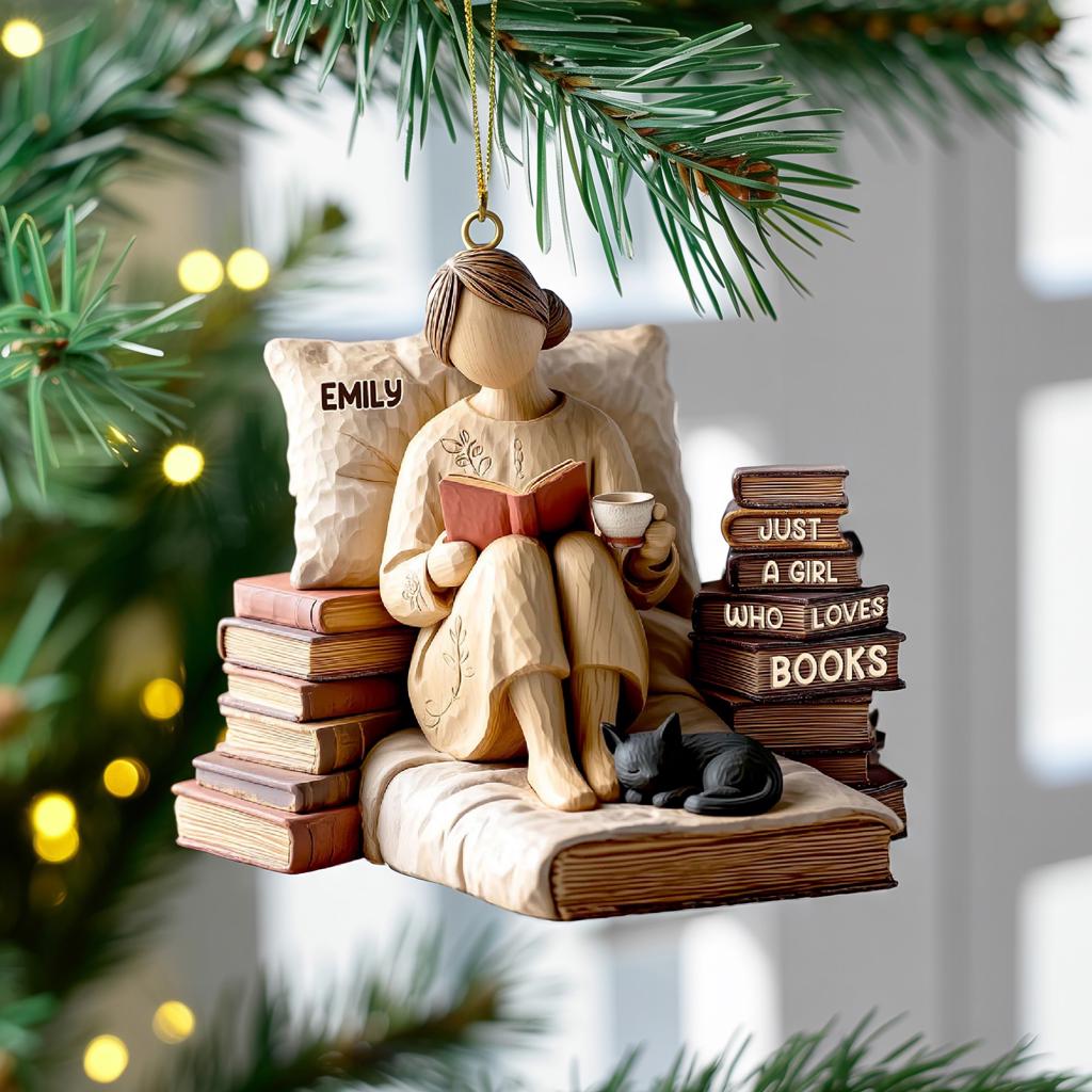 Pagewings Personalized Name Just a Girl Who Loves Books Tree Ornament