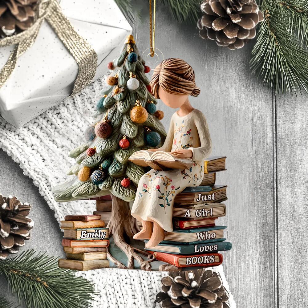 Pagewings Personalized Name Just a Girl Who Loves Books Tree Ornament