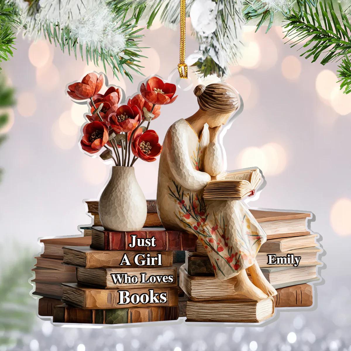 Pagewings Personalized Name Just a Girl Who Loves Books Tree Ornament