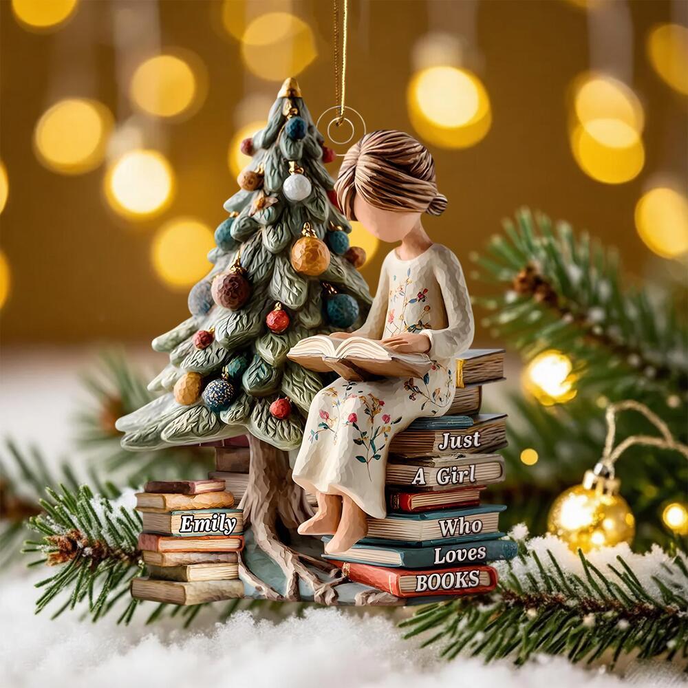 Pagewings Personalized Name Just a Girl Who Loves Books Tree Ornament