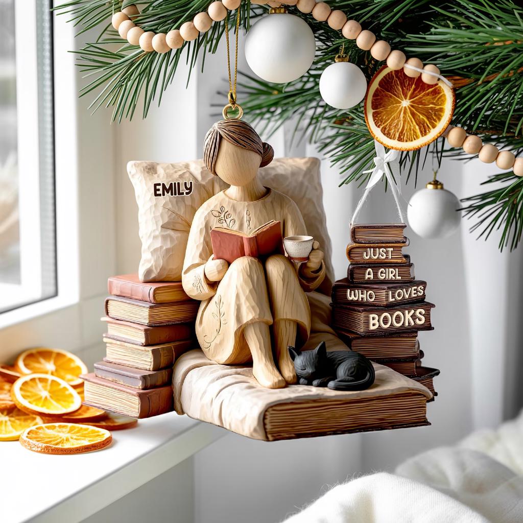 Pagewings Personalized Name Just a Girl Who Loves Books Tree Ornament