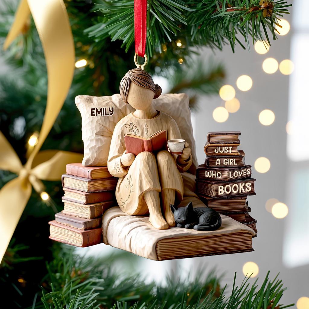 Pagewings Personalized Name Just a Girl Who Loves Books Tree Ornament