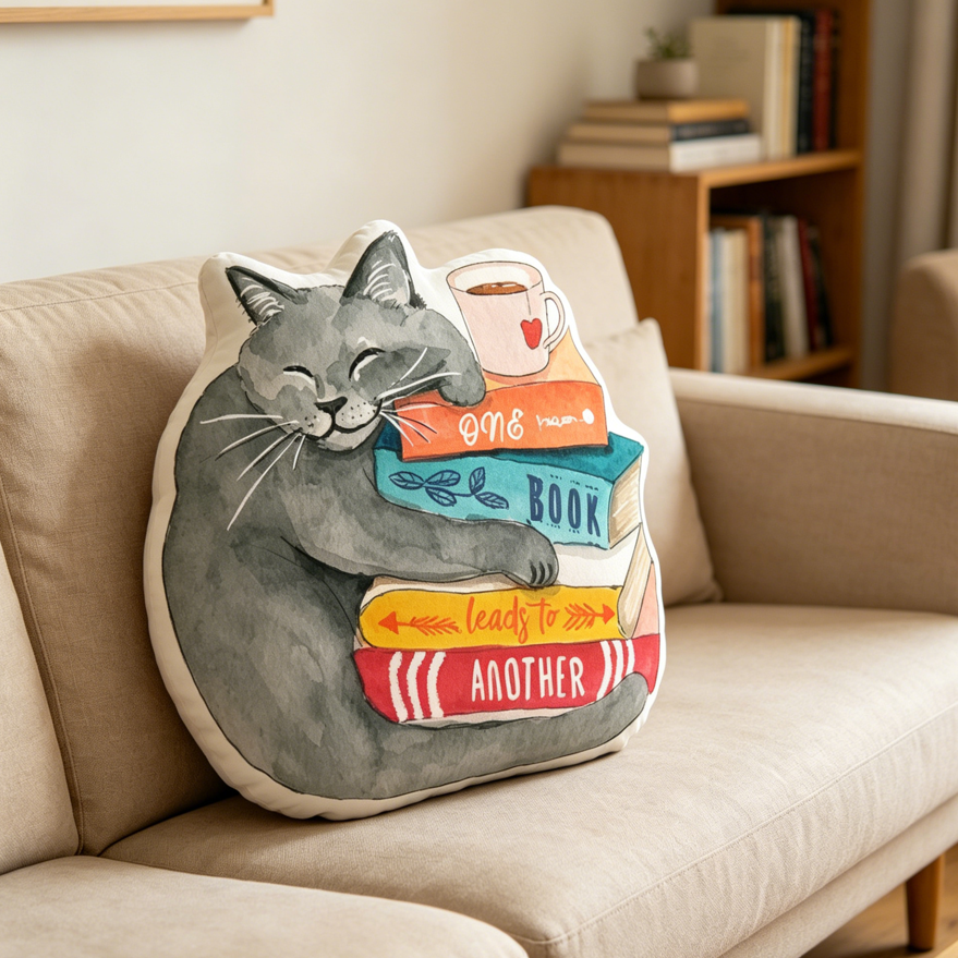 Pagewings Book Lover Cat Shaped Throw Pillow