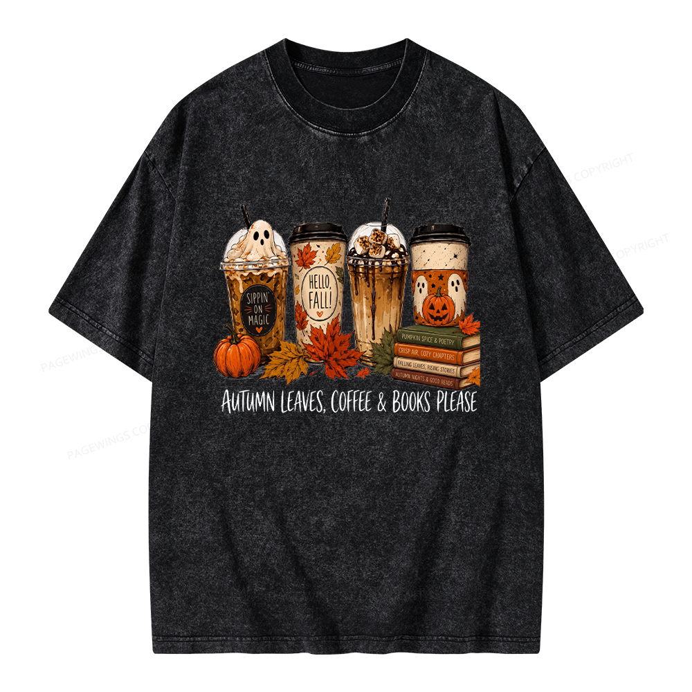 Pagewings Halloween Coffee Books Unisex Washed T-shirt