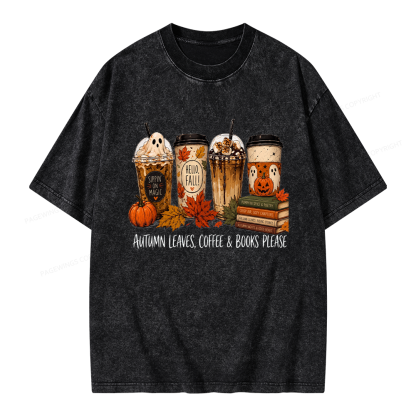 Pagewings Halloween Coffee Books Unisex Washed T-shirt
