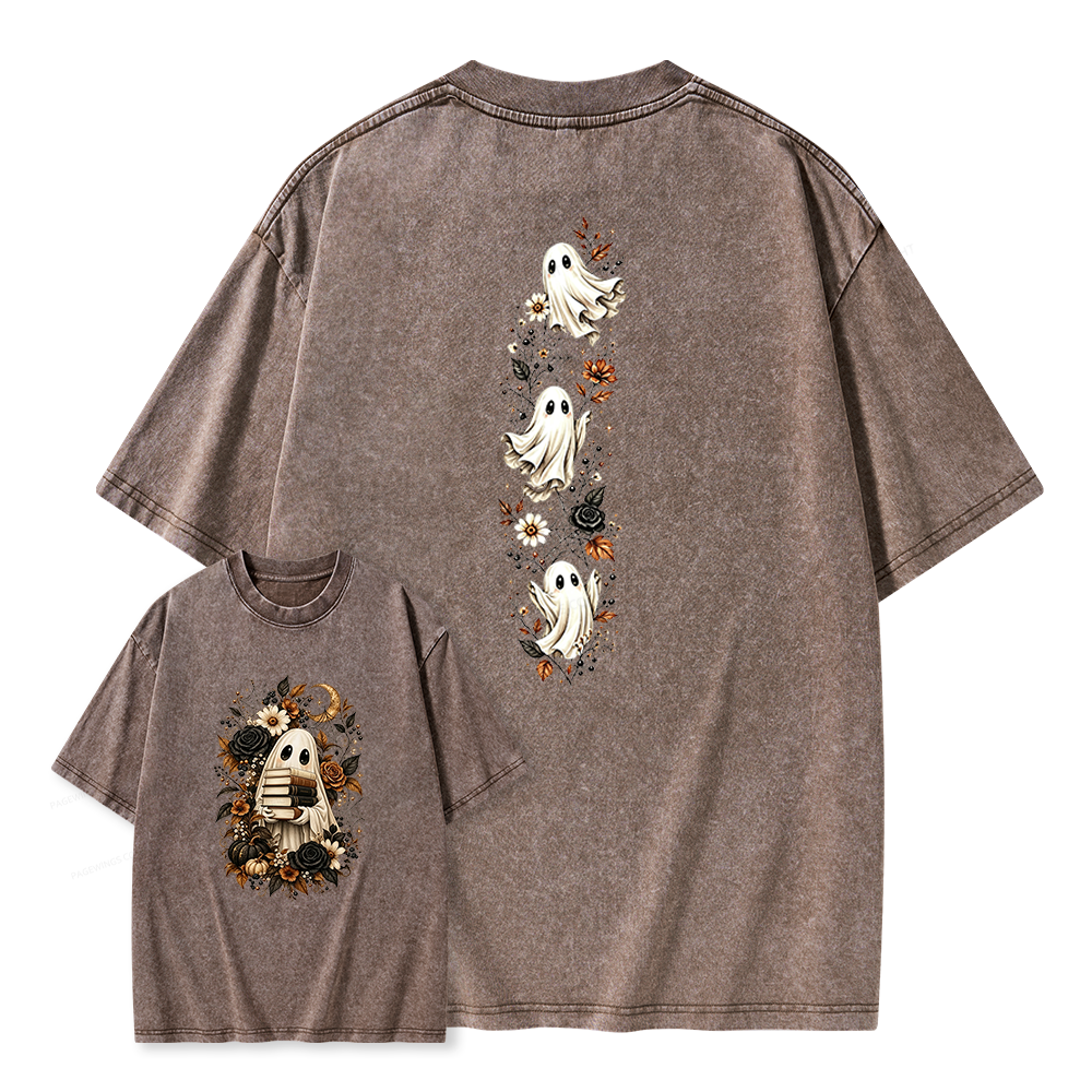 Pagewings Halloween Floral Ghost Bookish Unisex Washed T-shirt