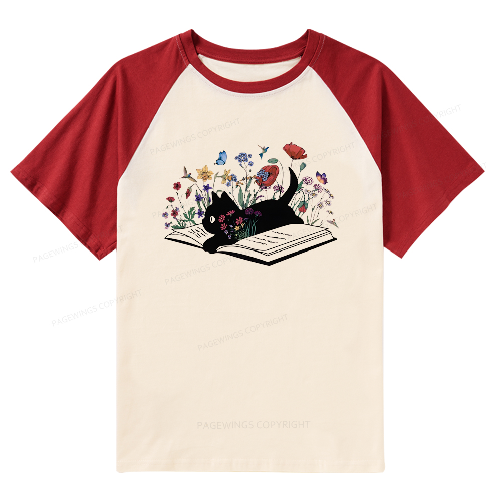 Pagewings Cute Book Cat Raglan T-shirt