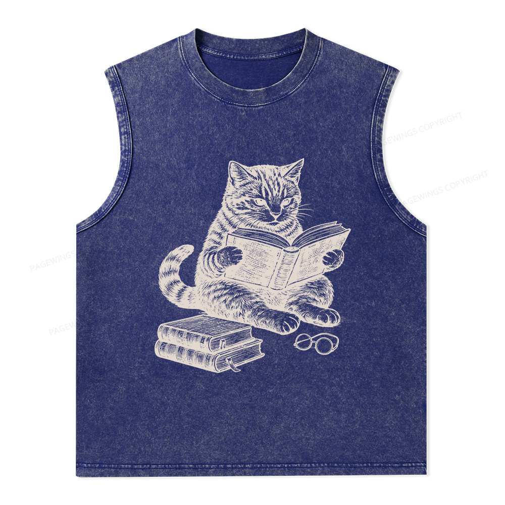 Pagewings Cat Reading Book Unisex Washed Tank Top