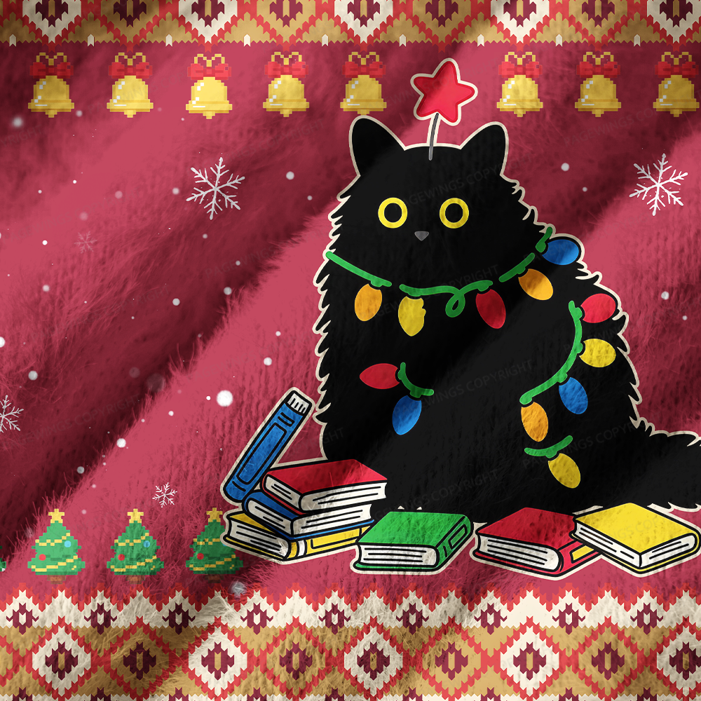 Pagewings Christmas Reading Cat Off Shoulder Ugly Knit Sweater