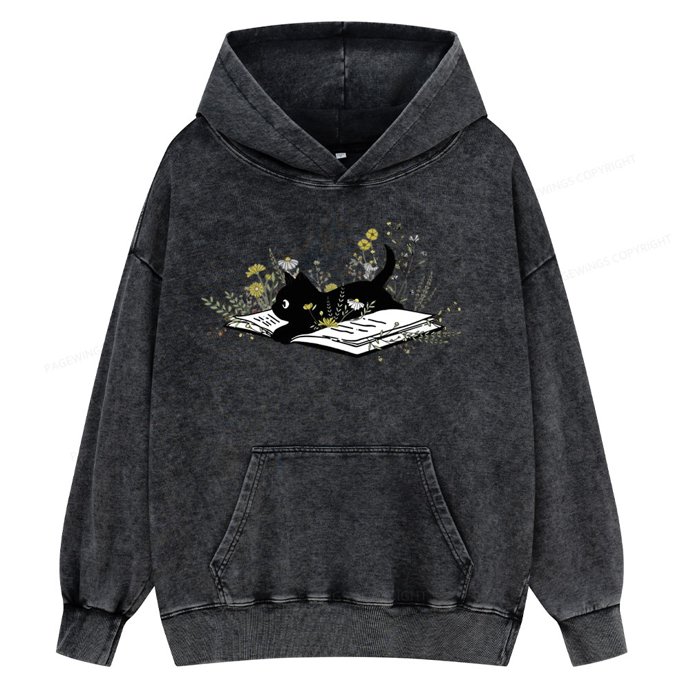Pagewings Cute Book Cat Unisex Washed Hoodie