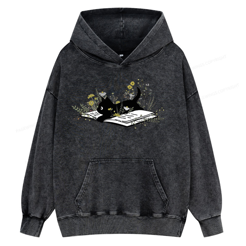 Pagewings Cute Book Cat Unisex Washed Hoodie