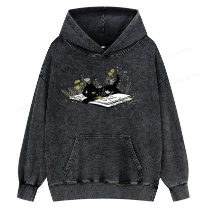 Pagewings Cute Book Cat Unisex Washed Hoodie