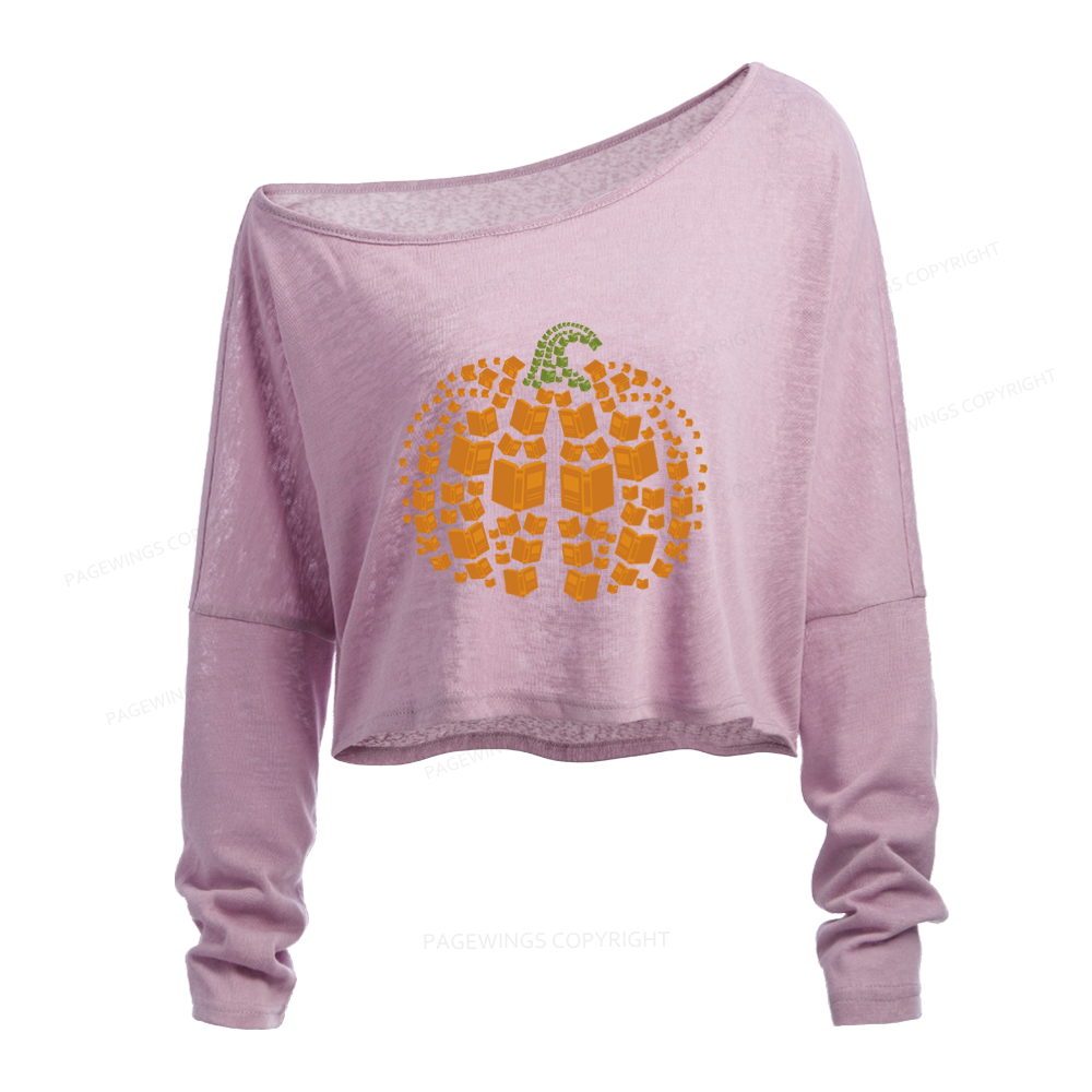 Pagewings Thanksgiving Book Pumpkin Slouchy Long Sleeve Off Shoulder T-shirt