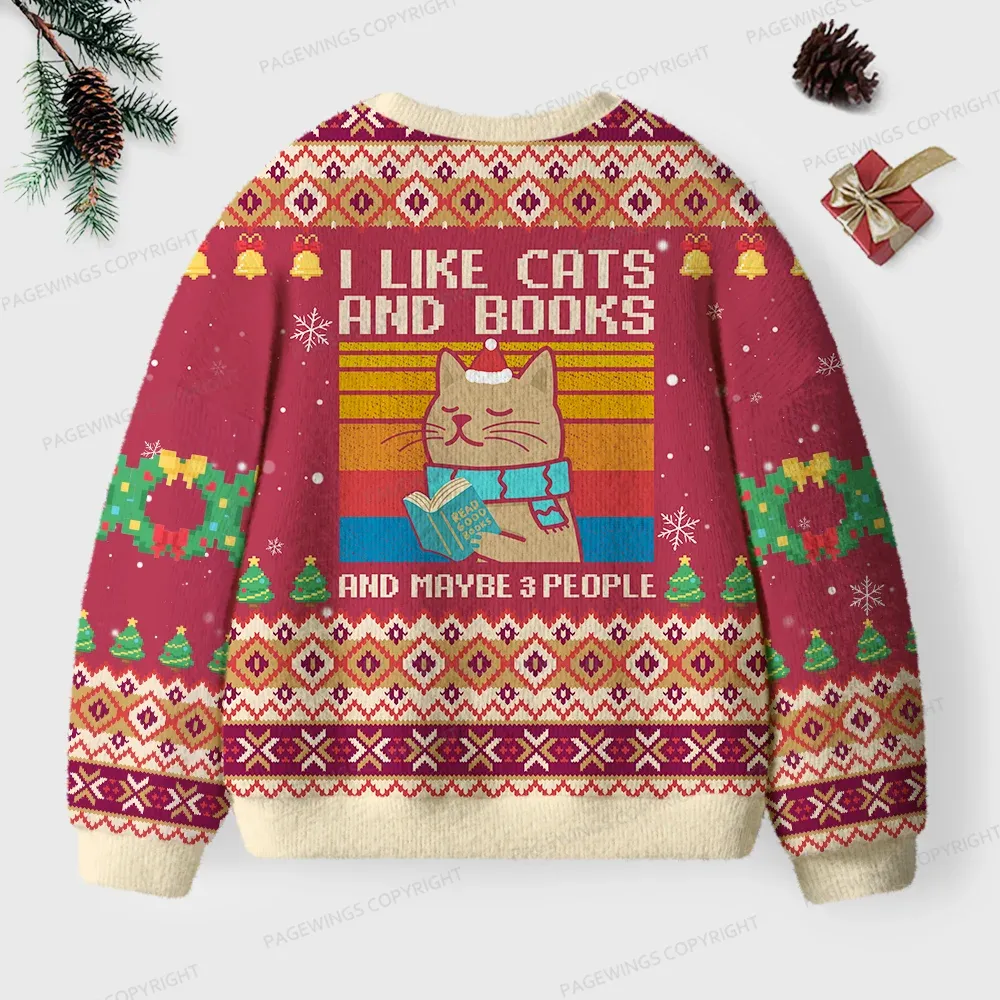 Pagewings I Like Cats And Books And Maybe 3 People Unisex Ugly Knit Sweatshirt