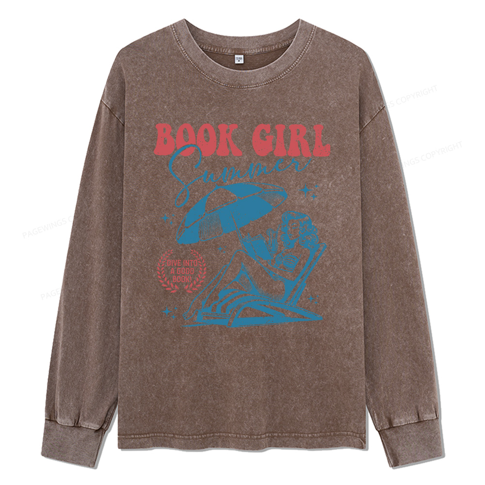 Pagewings Book Girl Summer Unisex Washed Long Sleeve T-shirt