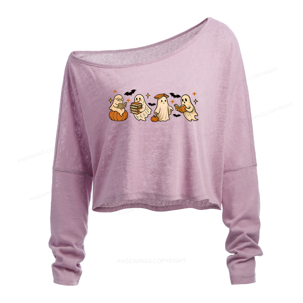 Pagewings Cute Ghost Reading Book Halloween Slouchy Long Sleeve Off Shoulder T-shirt