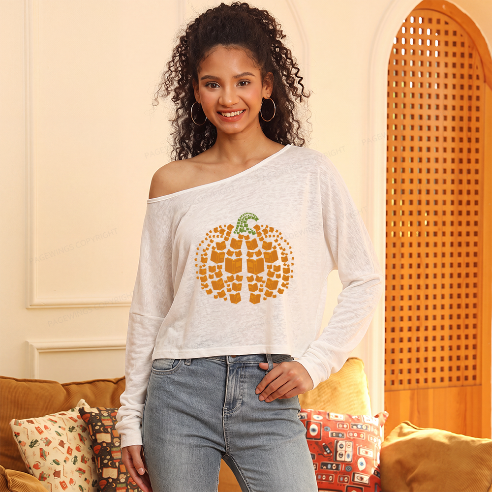 Pagewings Thanksgiving Book Pumpkin Slouchy Long Sleeve Off Shoulder T-shirt