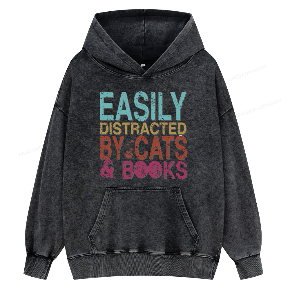 Pagewings Easily Distracted By Cats And Books Unisex Washed Hoodie
