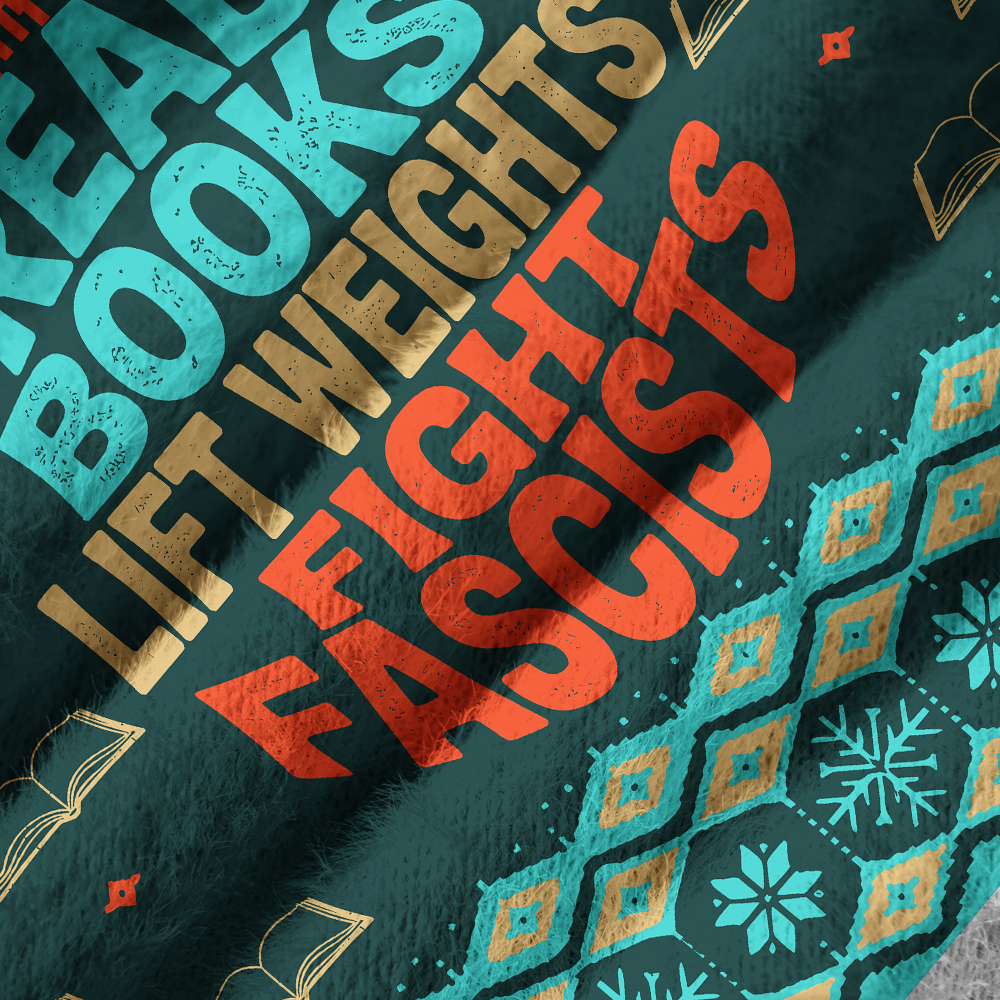Pagewings Read Books Lift Weights Fight Fascists Off Shoulder Ugly Knit Sweater
