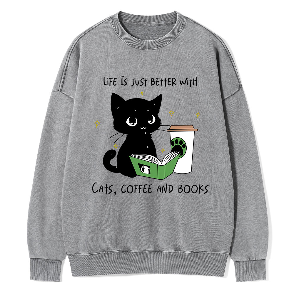 Pagewings Cats，Coffee And Books Unisex Washed Sweatshirt