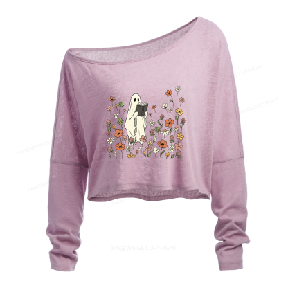 Pagewing Reading Ghost Slouchy Long Sleeve Off Shoulder T-shirt