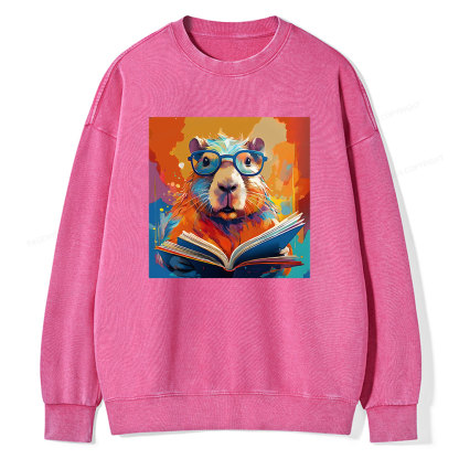 Pagewings Reading Capybar Unisex Washed Sweatshirt