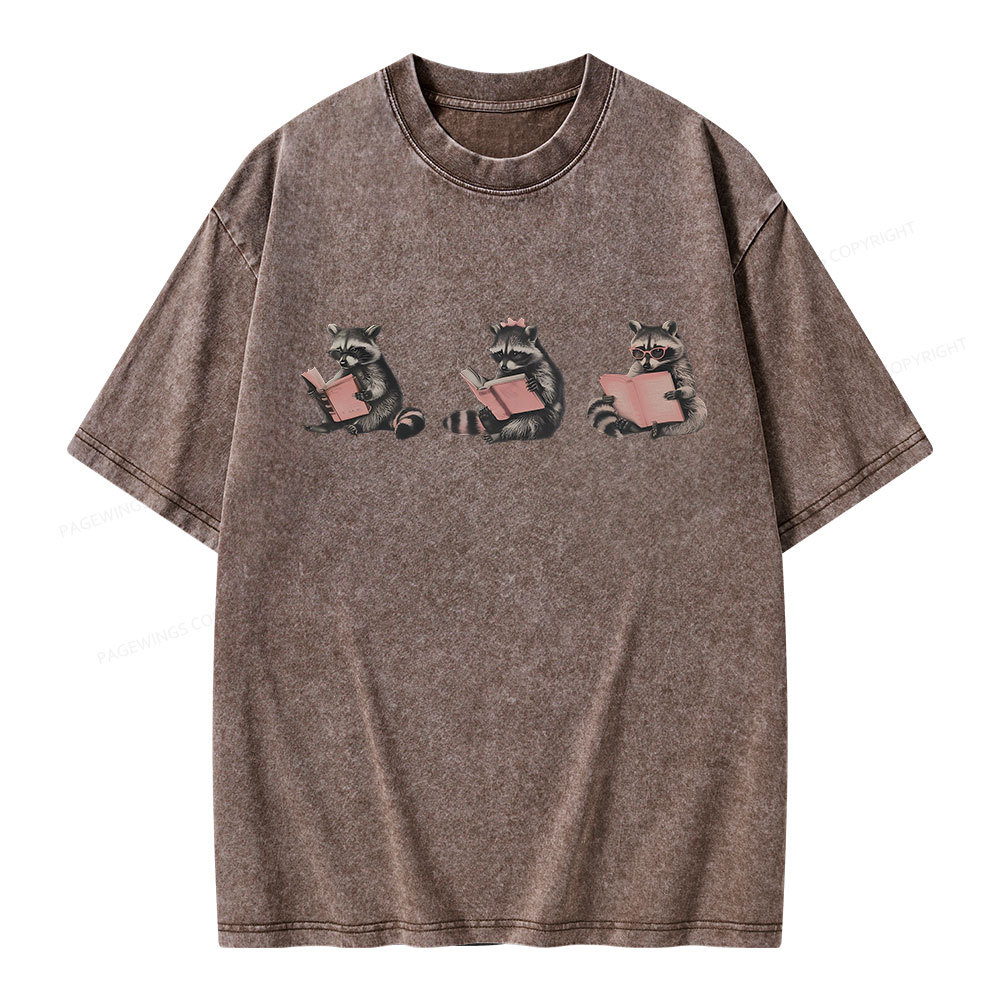 Pagewings Funny Raccoon Bookish Gift Unisex Washed T-shirt