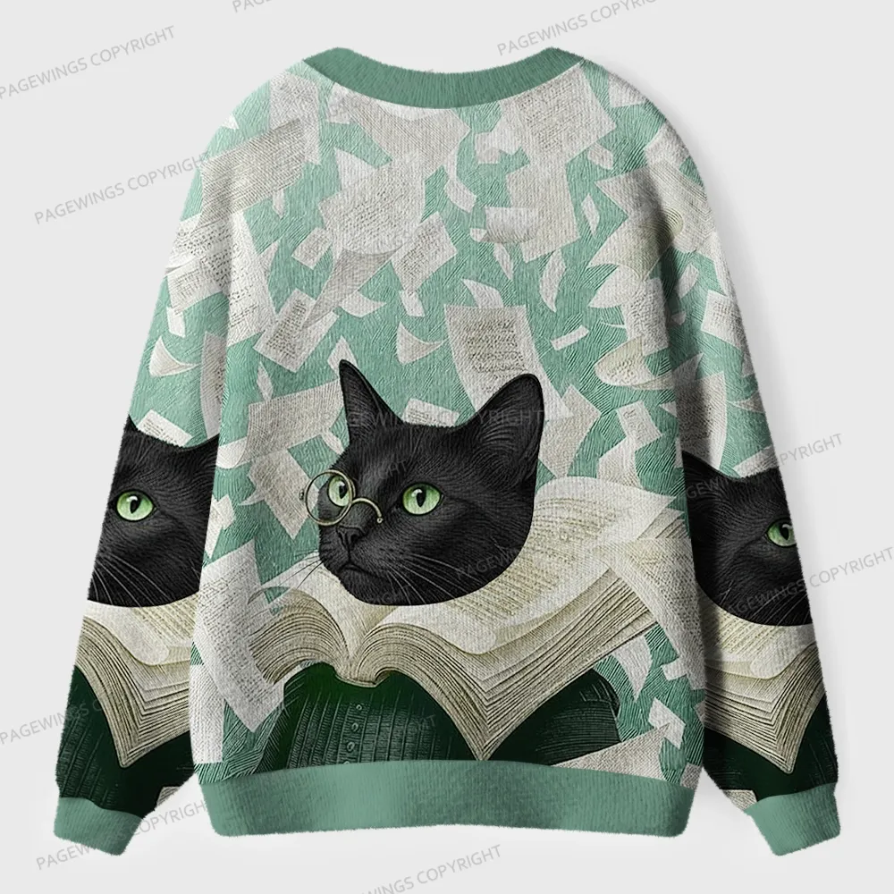 Pagewings Cats Loves Reading Unisex Ugly Cardigan Sweaters