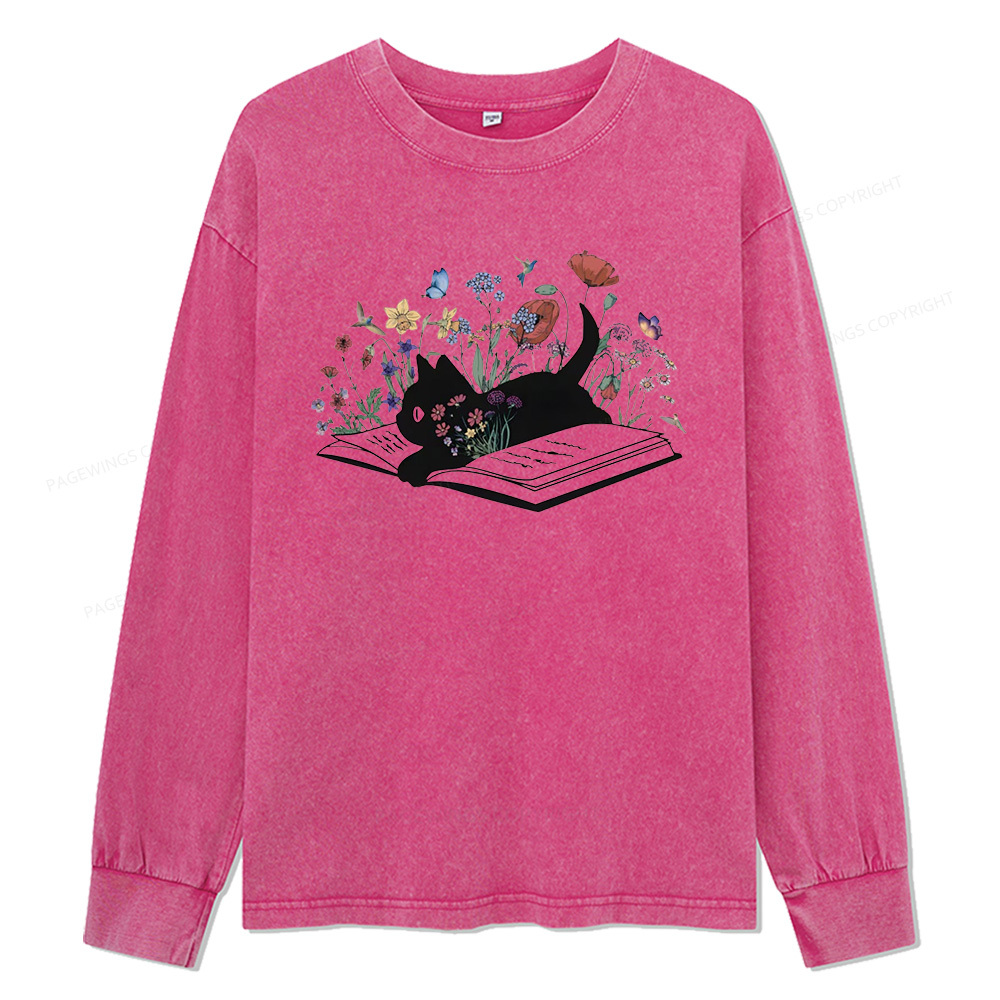 Pagewings Cute Book Cat Unisex Washed Long Sleeve T-shirt