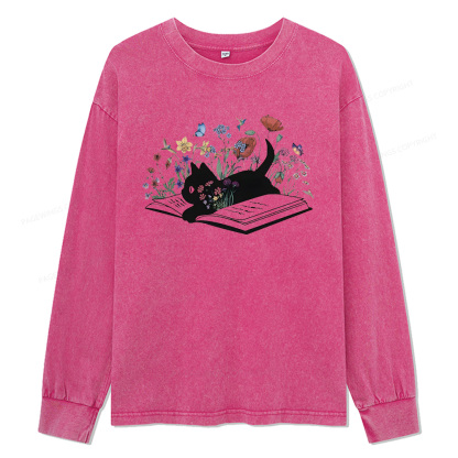 Pagewings Cute Book Cat Unisex Washed Long Sleeve T-shirt
