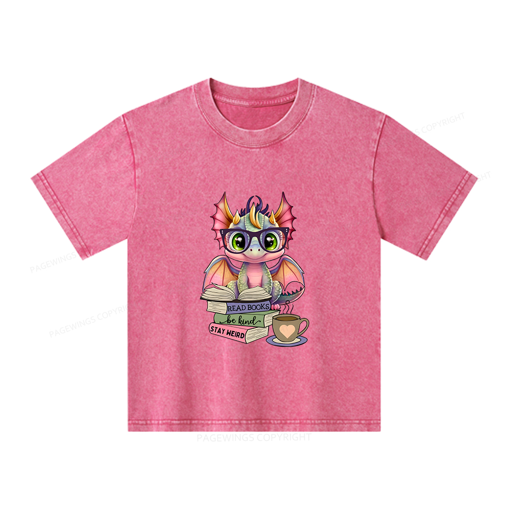 Pagewings Cute Dragon Reading Unisex Kids Washed T-shirt