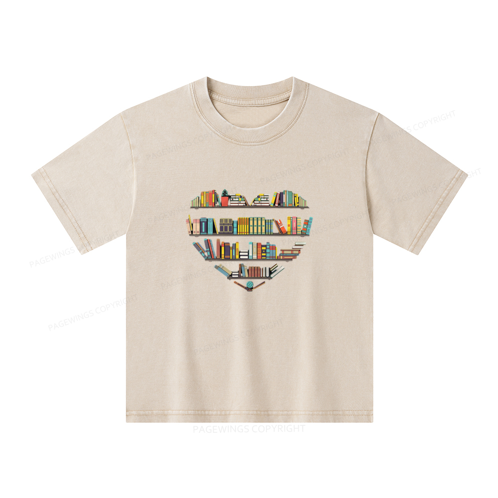 Pagewings Heart Bookshelves Unisex Kids Washed T-shirt
