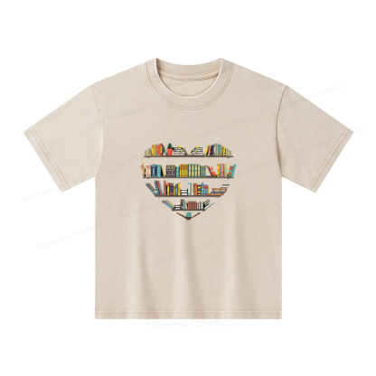 Pagewings Heart Bookshelves Unisex Kids Washed T-shirt