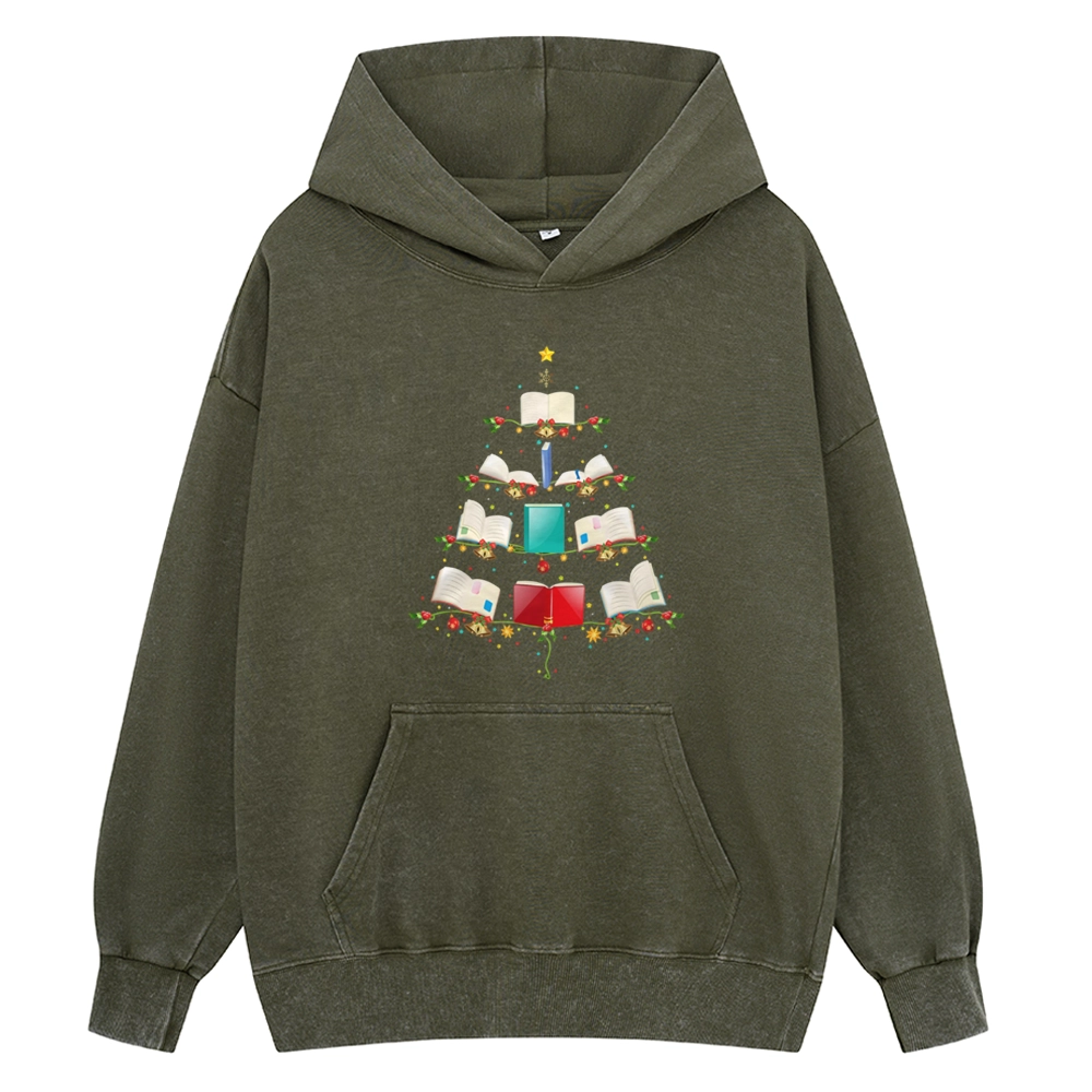 Pagewings Book Christmas Tree Unisex Washed Hoodie