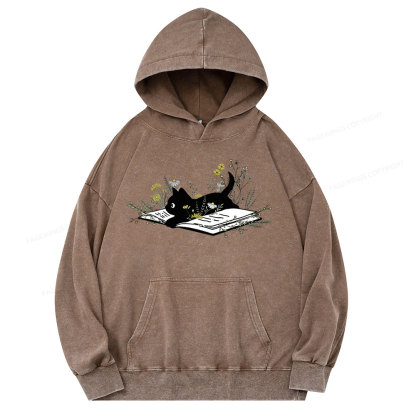 Pagewings Cute Book Cat Unisex Washed Hoodie