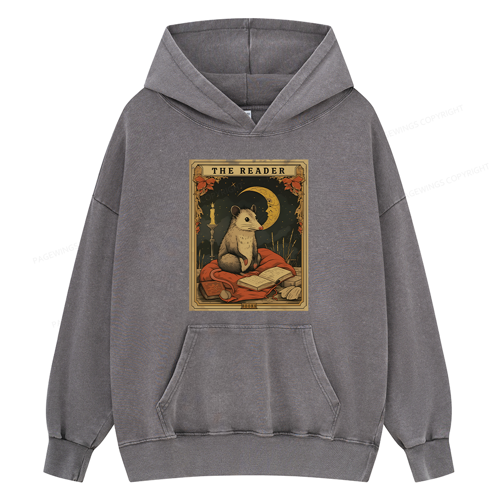 Pagewings The Reader Opossum Tarot Card Unisex Washed Hoodie