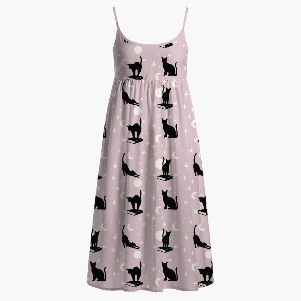 Pagewings Book Cat Lover Printed Spaghetti Strap Midi Sundress