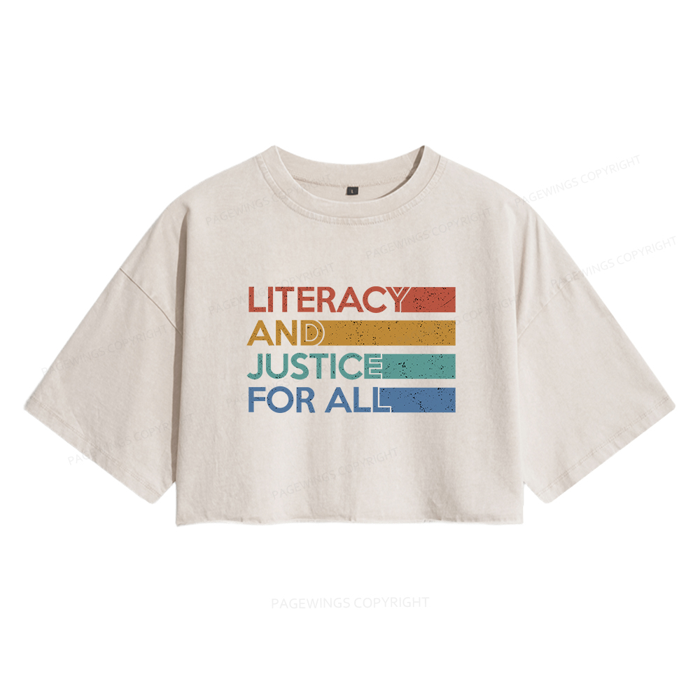 Pagewings Literacy and Justice For All  Women's Washed Cropped T-shirt