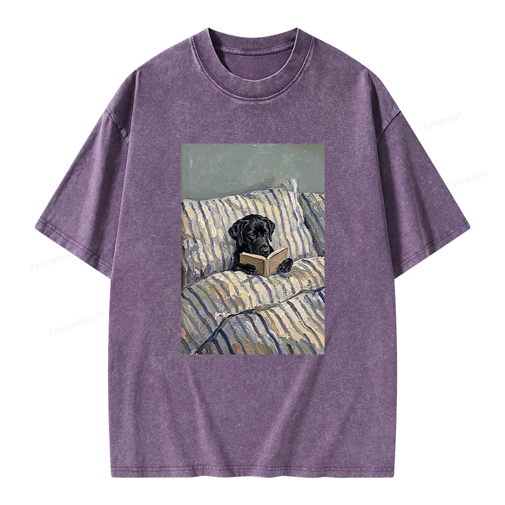 Pagewings Dog Reading in Bed Unisex Washed T-shirt