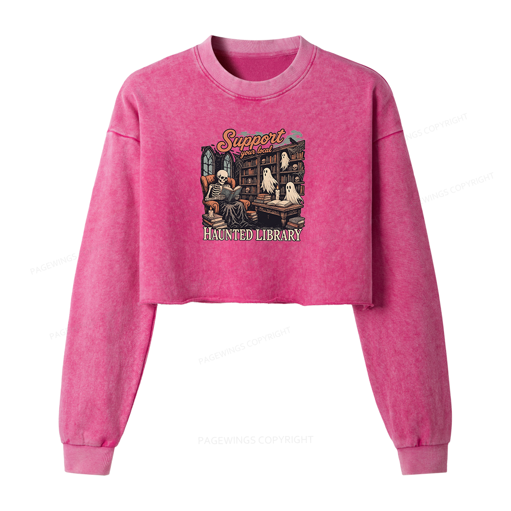Pagewings Support Your Local Haunted Library Washed Crop Sweatshirt