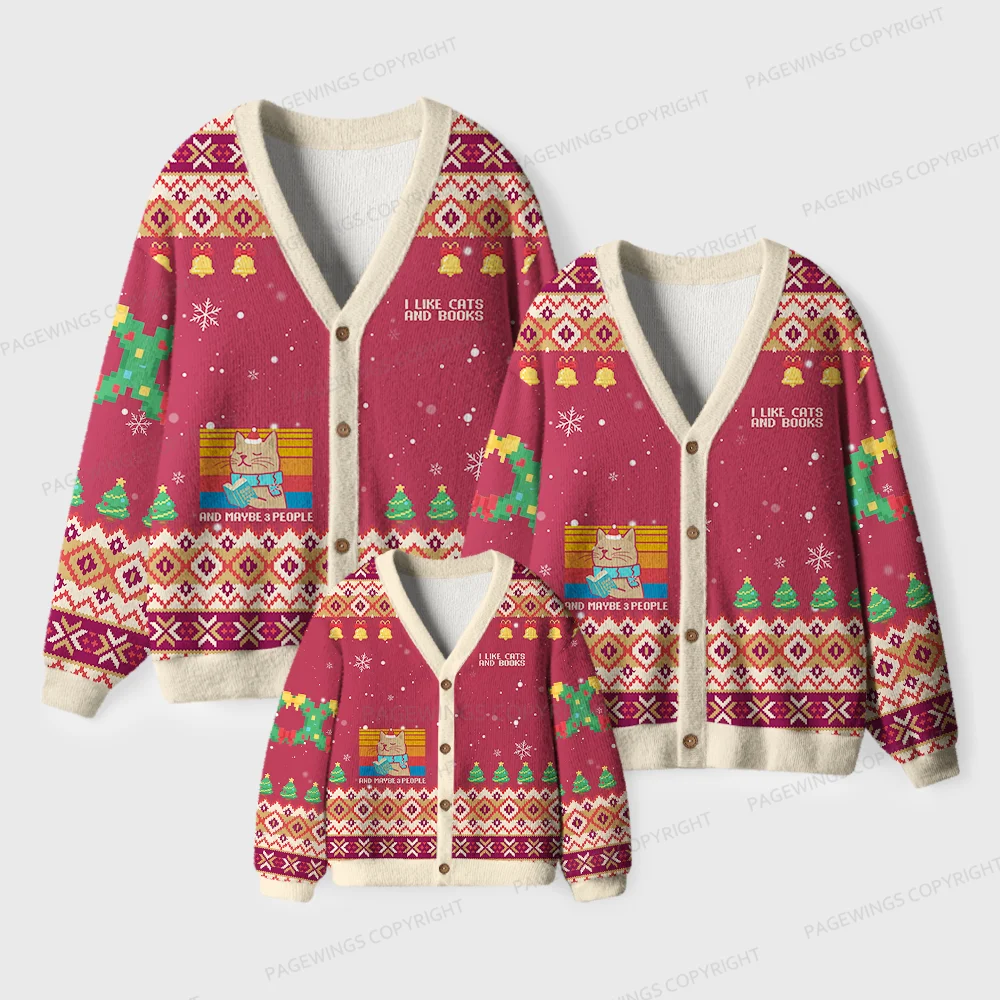 Pagewings I Like Cats And Books And Maybe 3 People Unisex Ugly Cardigan Sweaters