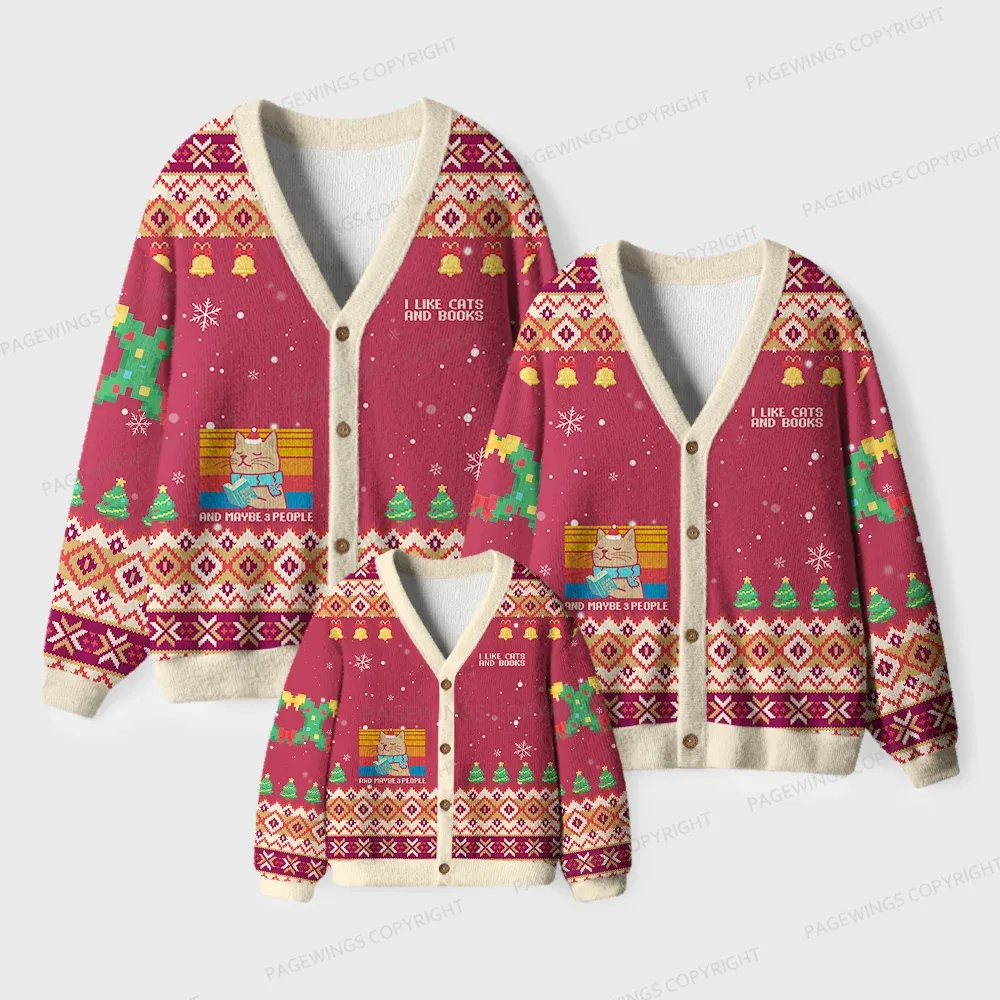 Pagewings I Like Cats And Books And Maybe 3 People Unisex Ugly Cardigan Sweaters