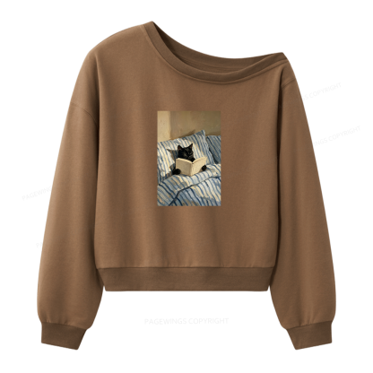 Pagewings Black Cat Reading in Bed Women Off Shoulder Sweatshirt