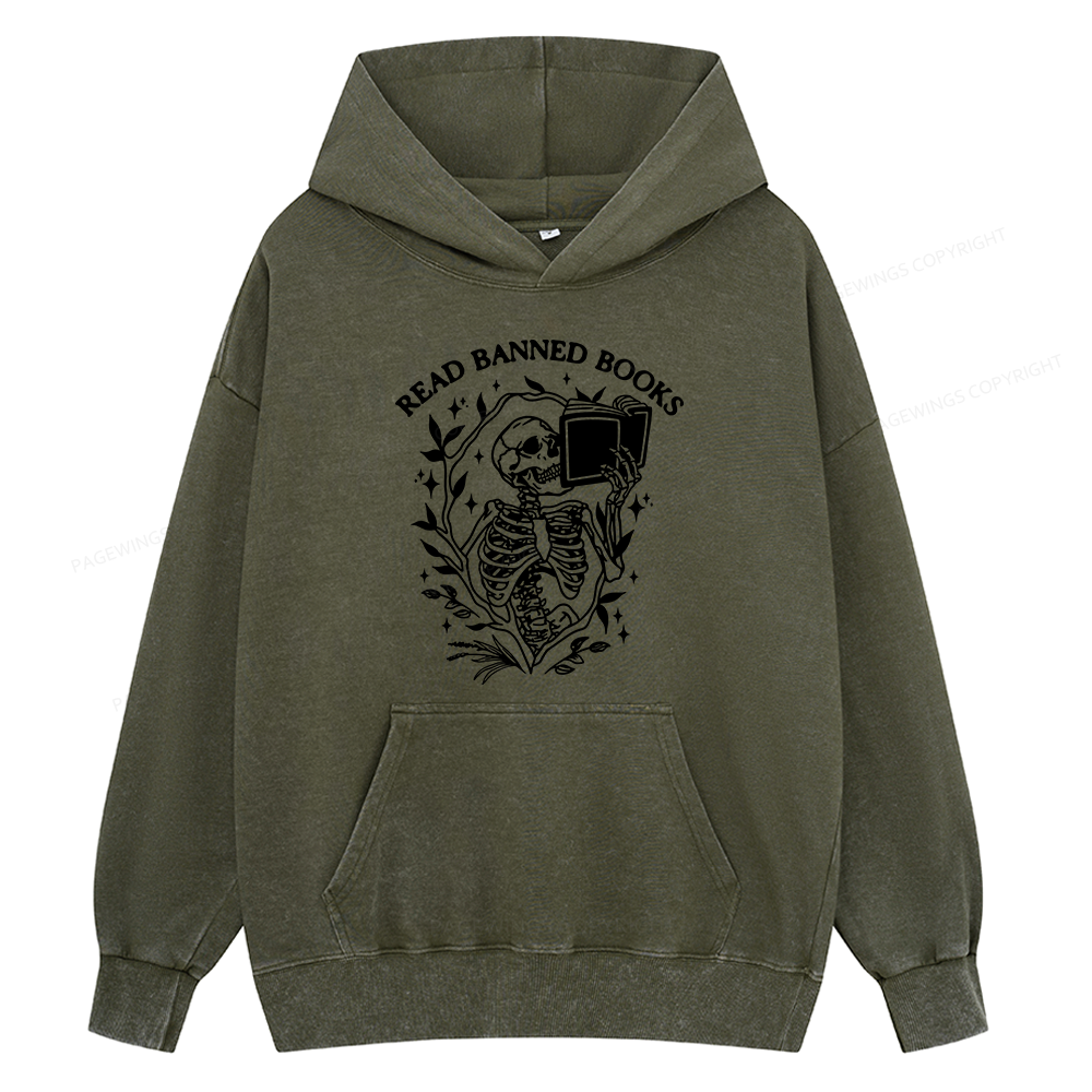 Pagewings Read Banned Books Skeleton Unisex Washed Hoodie