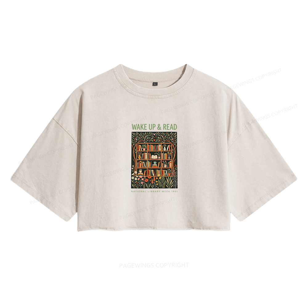 Pagewings Wake Up and Reading Women's Washed Cropped T-shirt