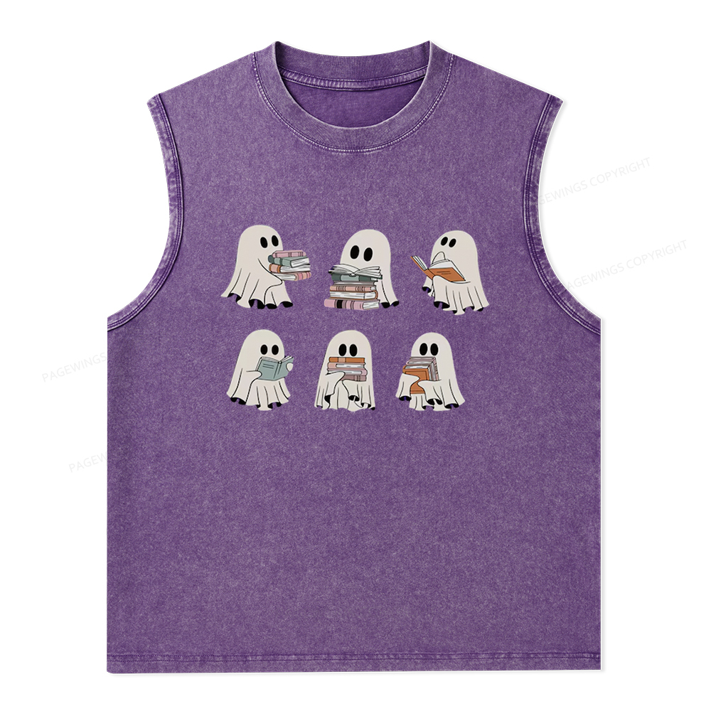 Pagewings Ghost Reading Halloween Unisex Washed Tank Top